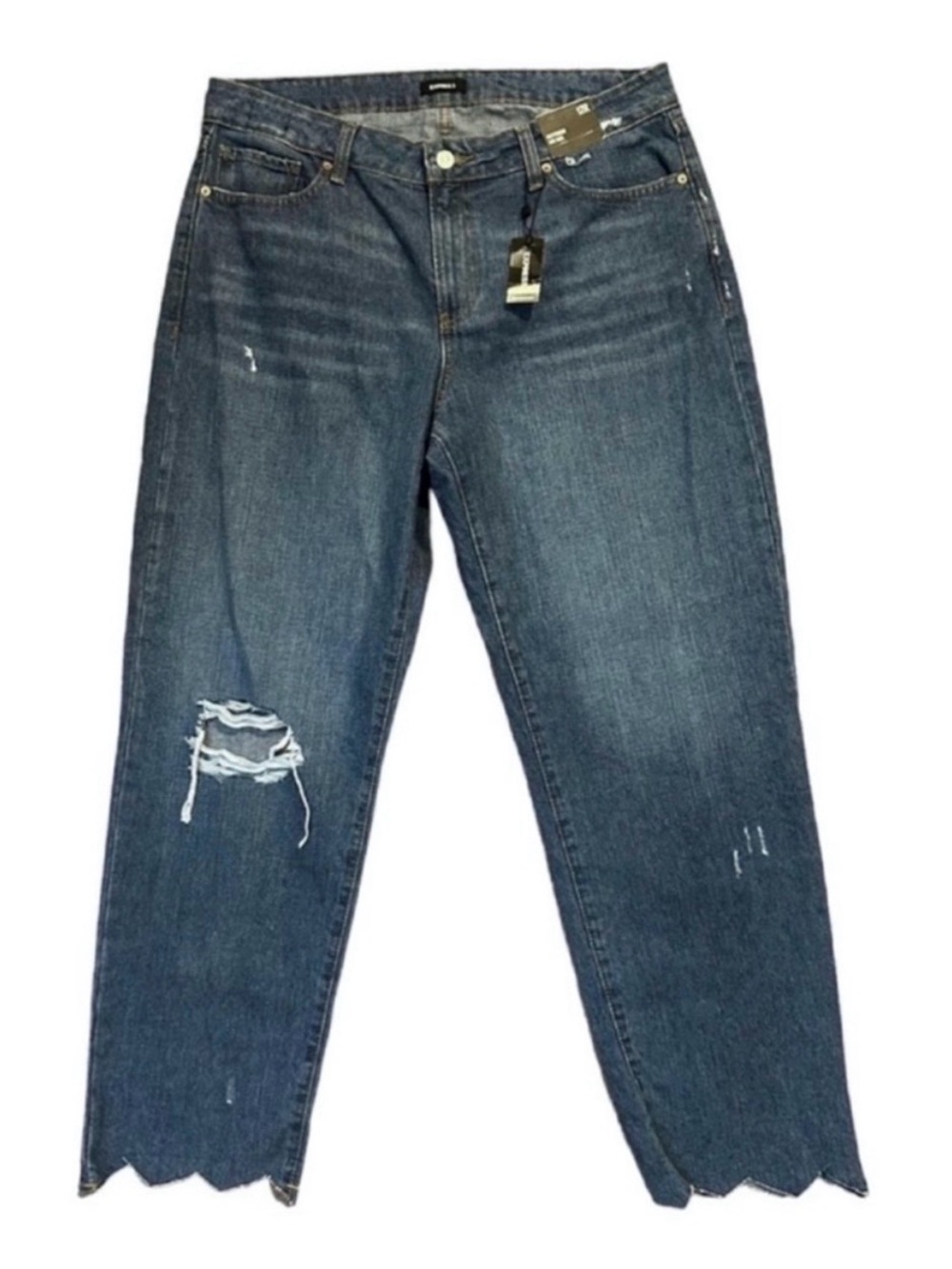 EXPRESS NWT Medium Wash Mid-Rise Zig-Zag Raw Hem Boyfriend Jeans 12R